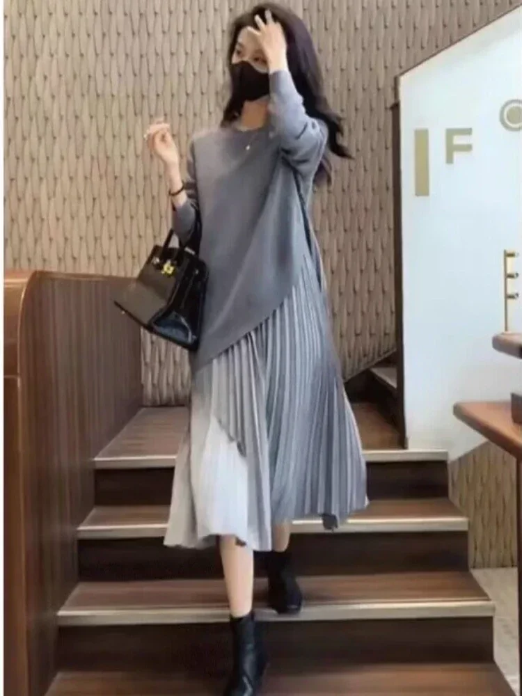 

Women's Dress Sweater Autumn Winter 2024 New in Fake Two Piece Set Korean Style Elegant Pullover Dress Sweater Women's Clothing