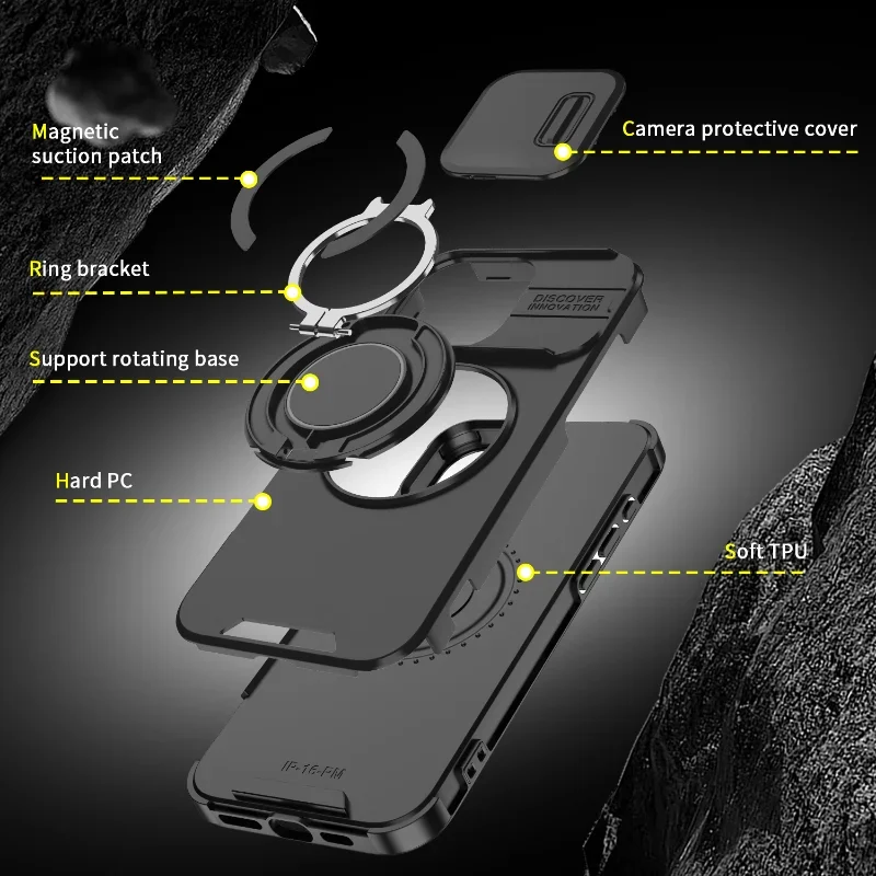 Luxury Heavy Duty Rugged Armor Magnetic Bracket Case For iPhone 16 15 14 13 12 11 Pro Max Plus Slide Camera Protection PC Cover