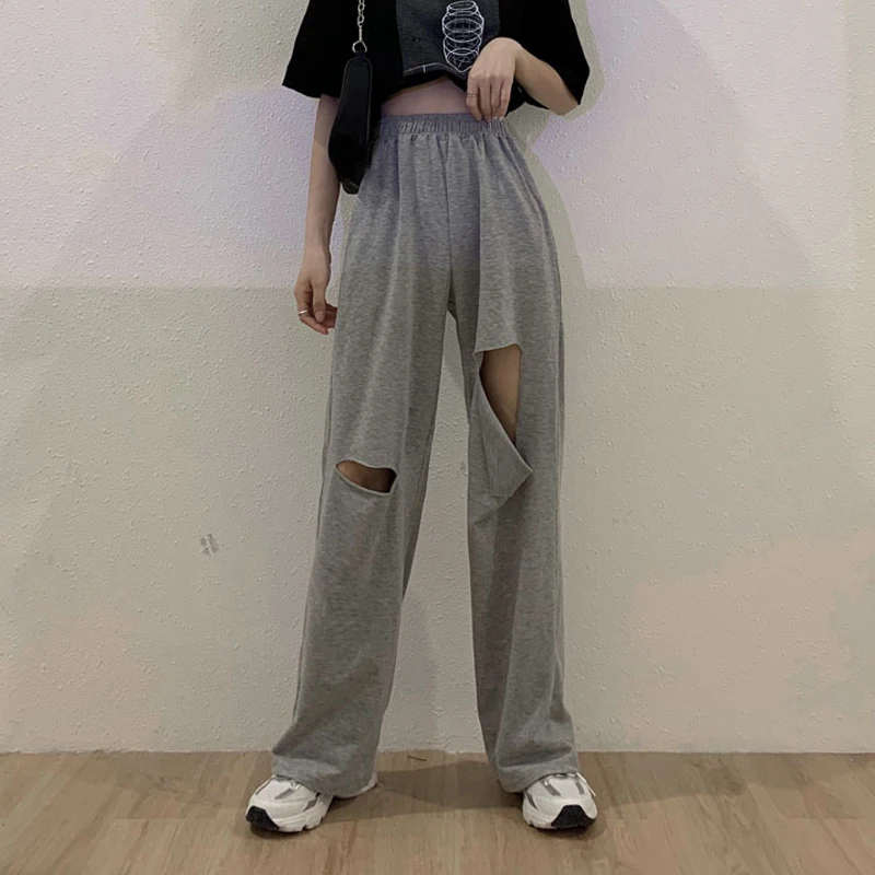 Fashion Harajuku Hollow Out Wide Leg Pants Women Joggers Hole Chic Streetwear Straight Trousers Summer Hip Hop Loose Sweatpants