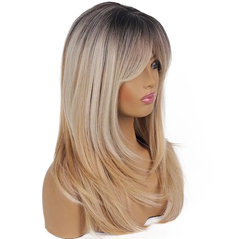 Long Ombre Brown Gray Blonde Wigs With Bangs Synthetic Wig For Women Cosplay