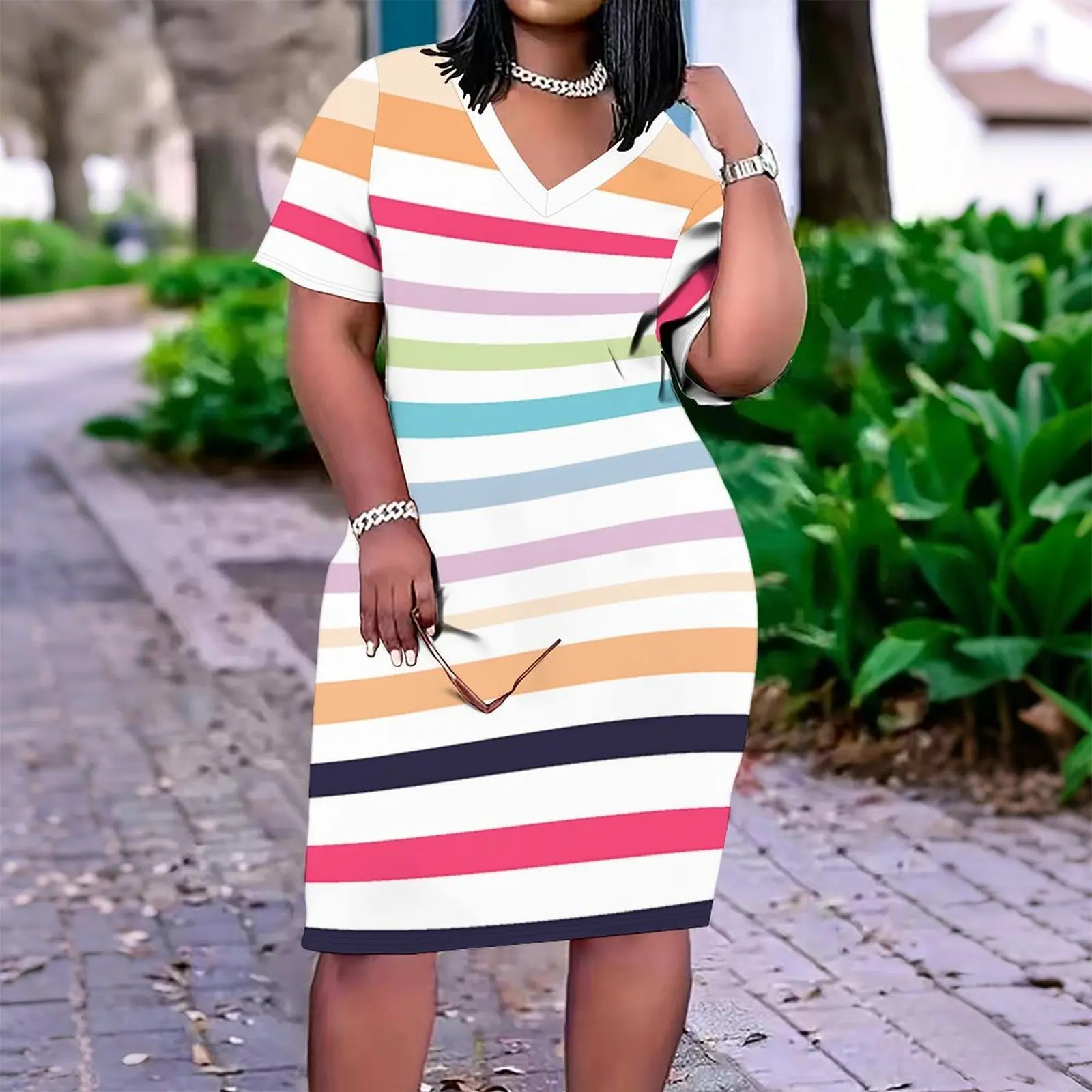 Plus Size Summer Mini Skirt Women's Commuting Casual Short-sleeved Skirt Ladies Sexy V-neck Printed Dress Daily Wear