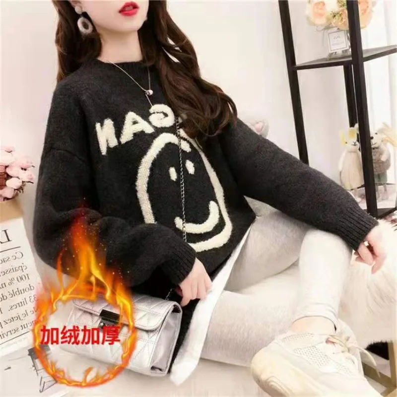 Autumn and Winter Women\'s Pullover Round Neck Long Sleeve Solid Color Printed Lettering Loose Fashion Casual Sweater Tops