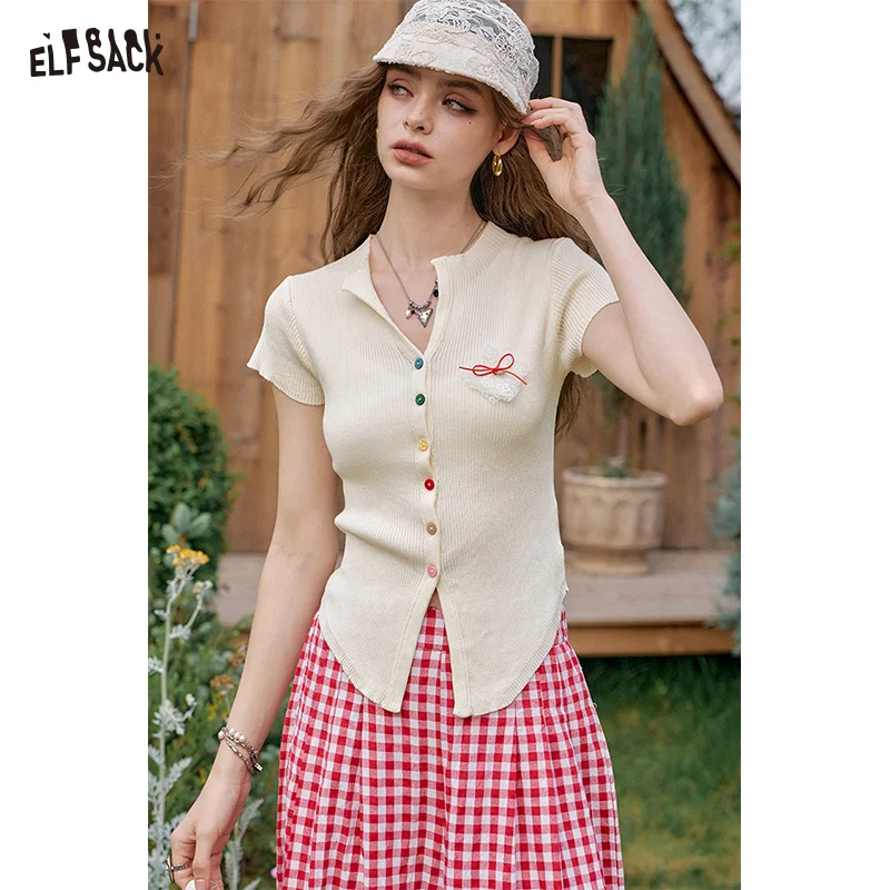 

ELFSACK 2025 Summer New Arrival Sweet Cool Dopamine Button Short Sleeve Knit Sweater Women‘s’ Fit Top