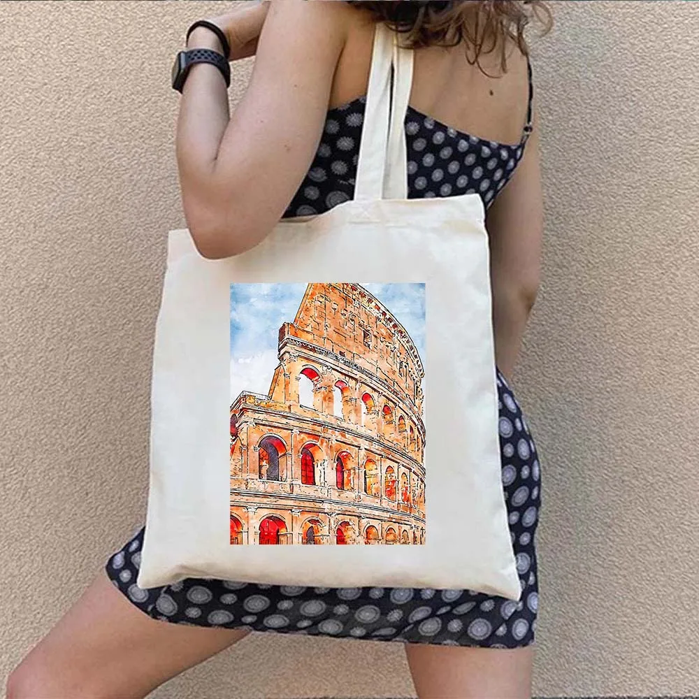 The Colosseum Duomo Rome Italy Burano Milan Cinque Terre Watercolor Painting Shopper Shoulder Canvas Tote Bag Shopping Handbags