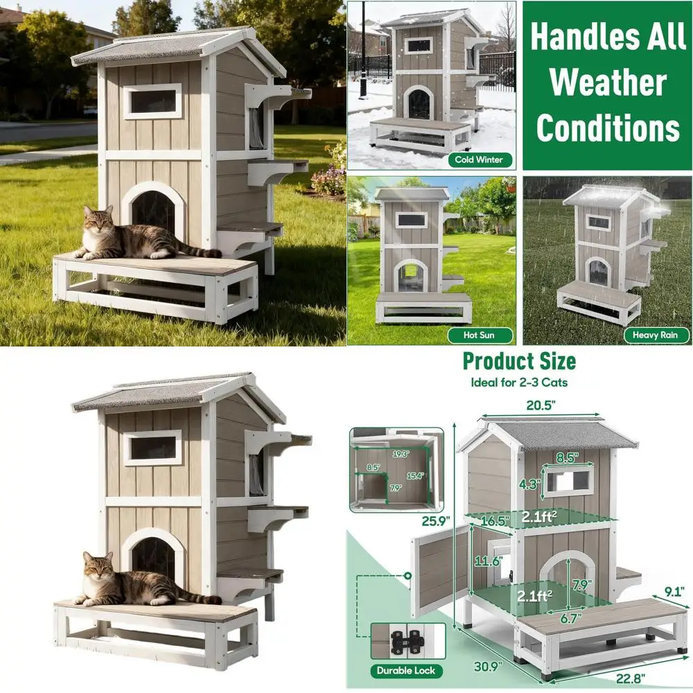 

Двухуровневый деревянный домик для кошек с 3 платформами, водонепроницаемый, со съемным дном, подходит для использования на улице и в помещении, 24.8 дюйма в длину