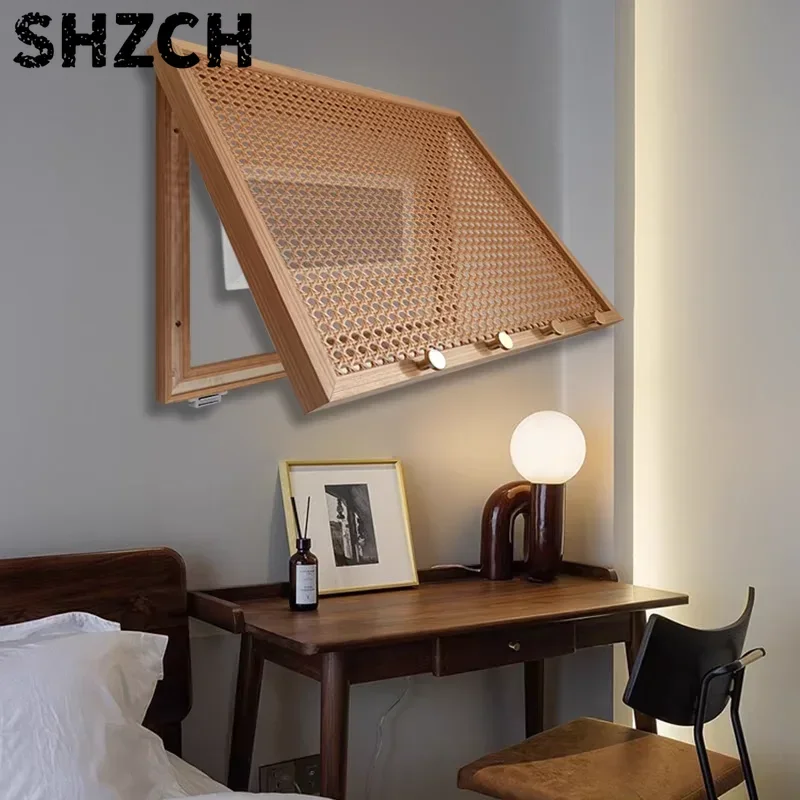 Natural Rattan Circuit Breaker Box Woven Wall Mounted Meter Cover with Hooks Solid Wood Electrical Wall Stickers for Home Decor