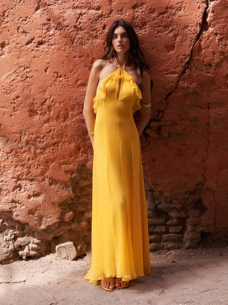 

2025 женское новое сексуальное желтое платье знаменитостей с лямкой на шее и оборками, элегантное вечернее клубное вечернее платье