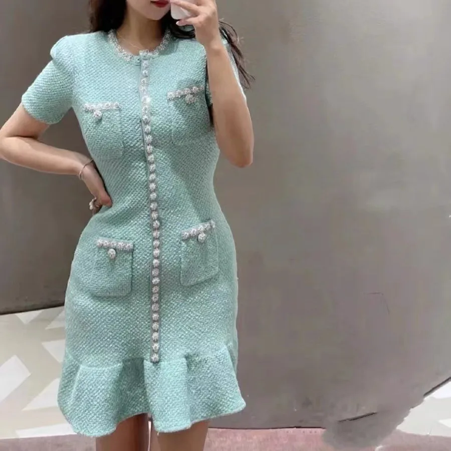 Y2k High Quality Sequin Beaded New Women's Dresses Fashion Commuting Knitted Short Sleeve Tops Sexy Party Twist Tweed Skirt