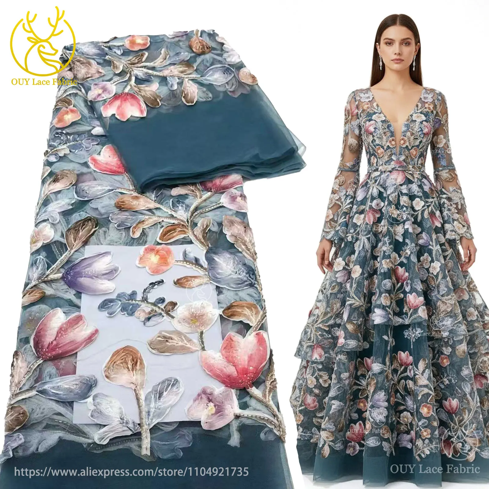 

Fashion African Tulle 3D Floral Lace Fabric 2025 High Quality French Nigerian Beaded Lace Fabric for Women Party Wedding Dresses