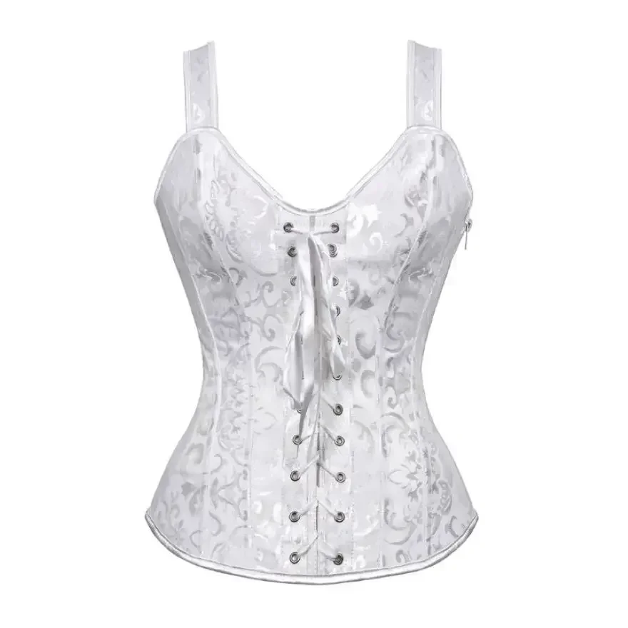 

Fashion Womens Shoulder Straps Corset Overbust Top Vintage Jacquard Lace Up Bustier Lingerie Brocade Corselet Vest