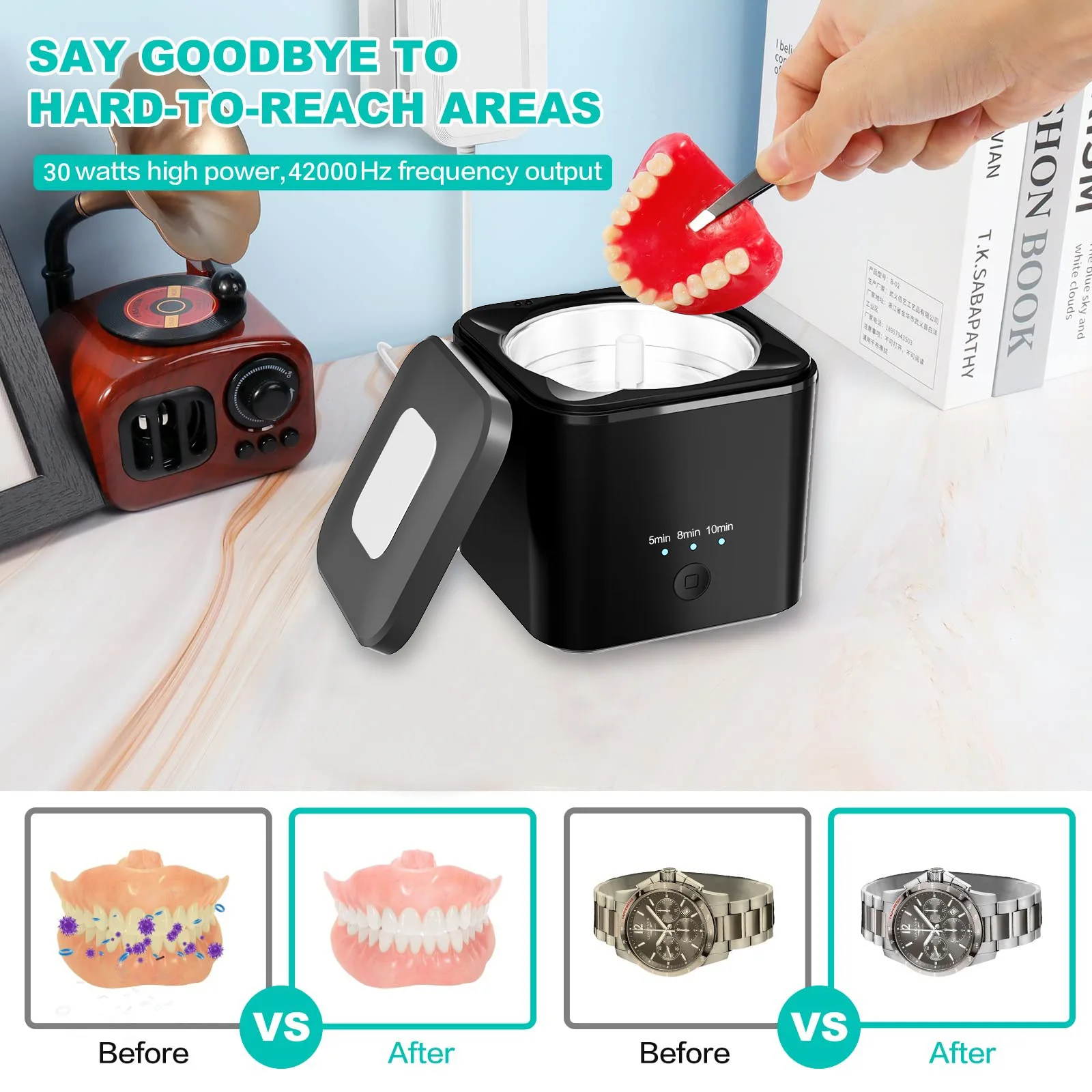 Multi-function Ultrasonic Cleaner Stainless Steel One Touch Operation 42kHz Denture Retainers Jewelry 360° Deep Cleaning Machine