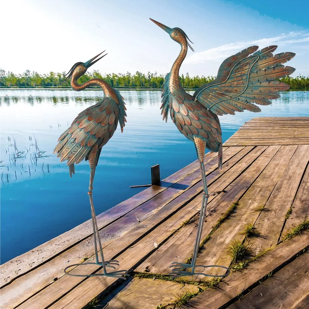 Crane Statues for Garden Decor, Metal Yard Art Heron Garden Statues, Standing Garden Sculptures & Statues for Yard Decorations