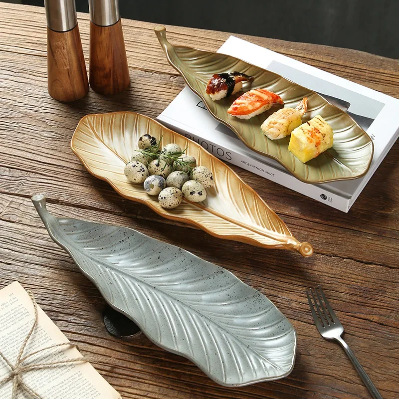 Japanese leaf coarse pottery plate delicate barbecue plate retro special-shaped ceramic strip plate commercial sushi dish