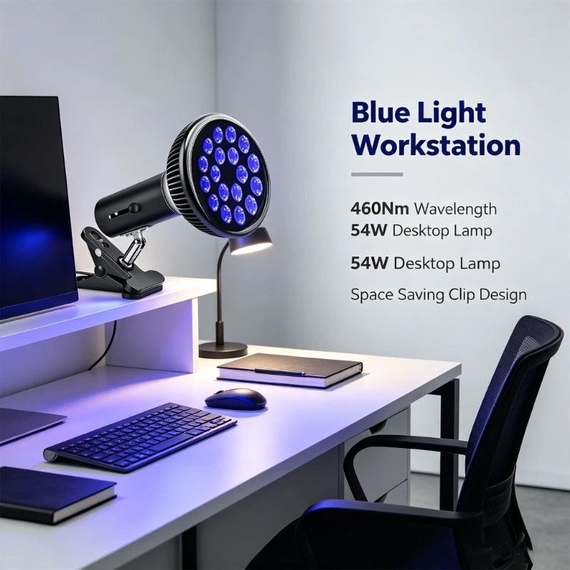 Blue Light Desk Clip Lamp 54W 460nm With Spring Clip Base, Adjustable Head and Storage Bag, Indoor Light for Desk Shelf Use