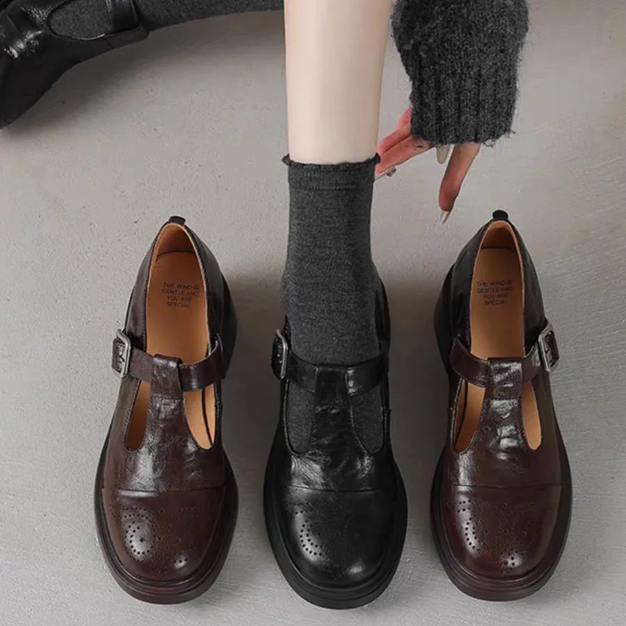 

Sheepskin Carved and Hollowed-out Mary Jane 2025 Thick-soled Mid-heel Round-toed Genuine Leather Single Shoe for Women