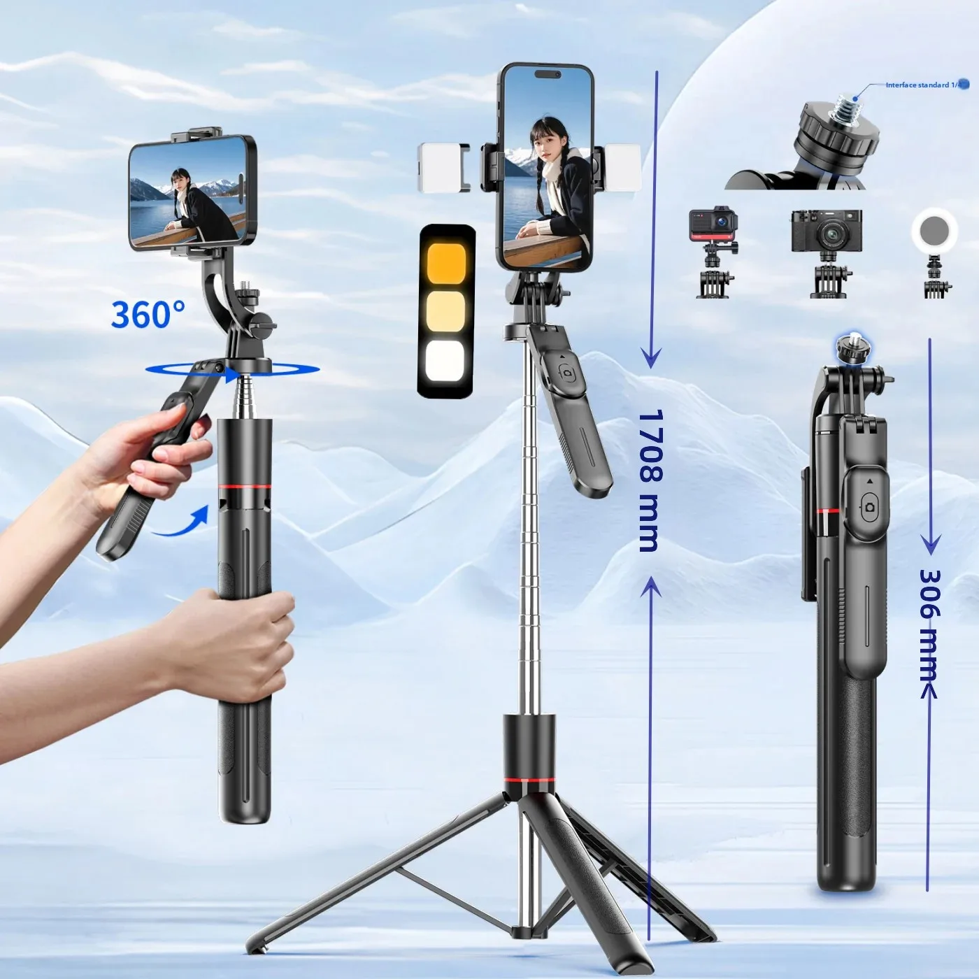 Perche à Selfie de 1.7 mètres, support de téléphone Portable à rebond Ultra Long, télécommande Bluetooth avec trépied de lumière de remplissage pour Live