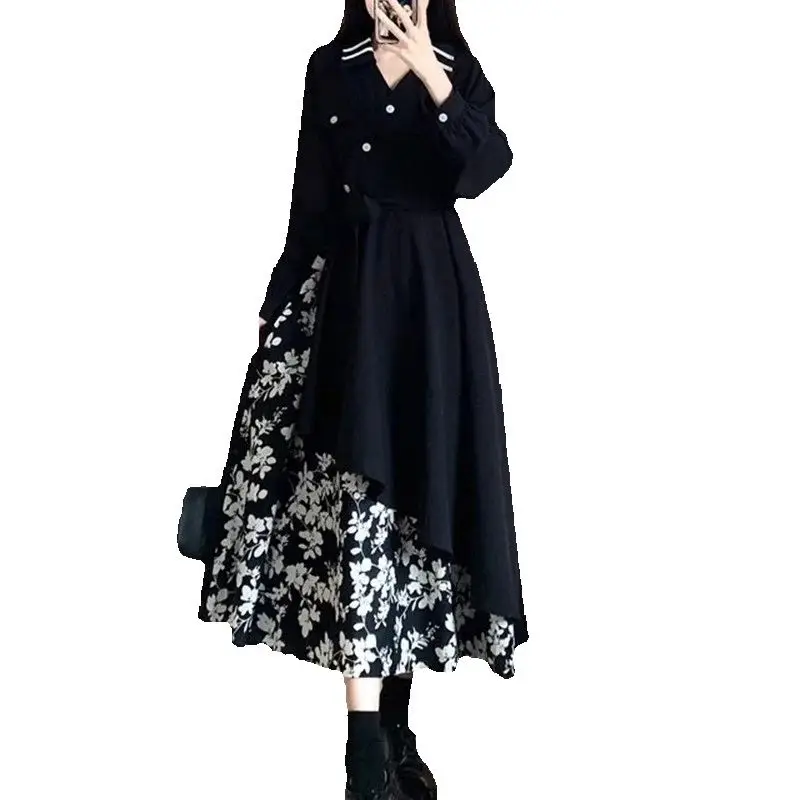 Mode couture robe florale femmes printemps automne robes hauts 2025 nouveau noir Chic Design chemise longues robes femme