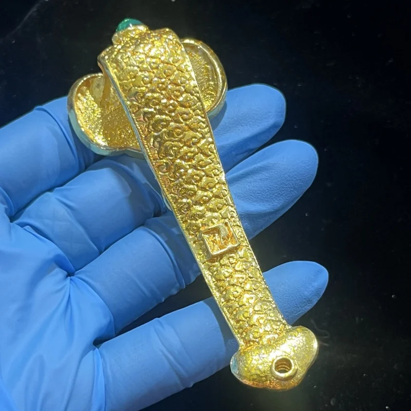 Inlaid Gemstone Copper Ruyi Handpiece Home Office Decorative Craft Gift Brass Gilt