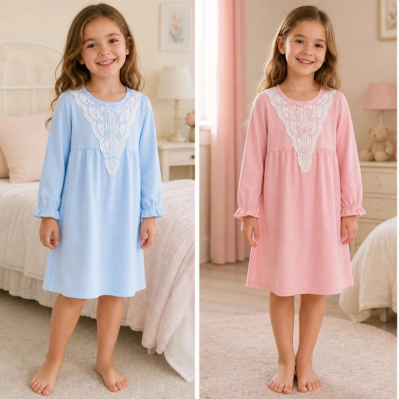 Little Hand Children Girls Long Sleeve Nightgown Lace Decor Soft Sleep Dress Casual Home Wear Kids Nightdress for 3‑10Y