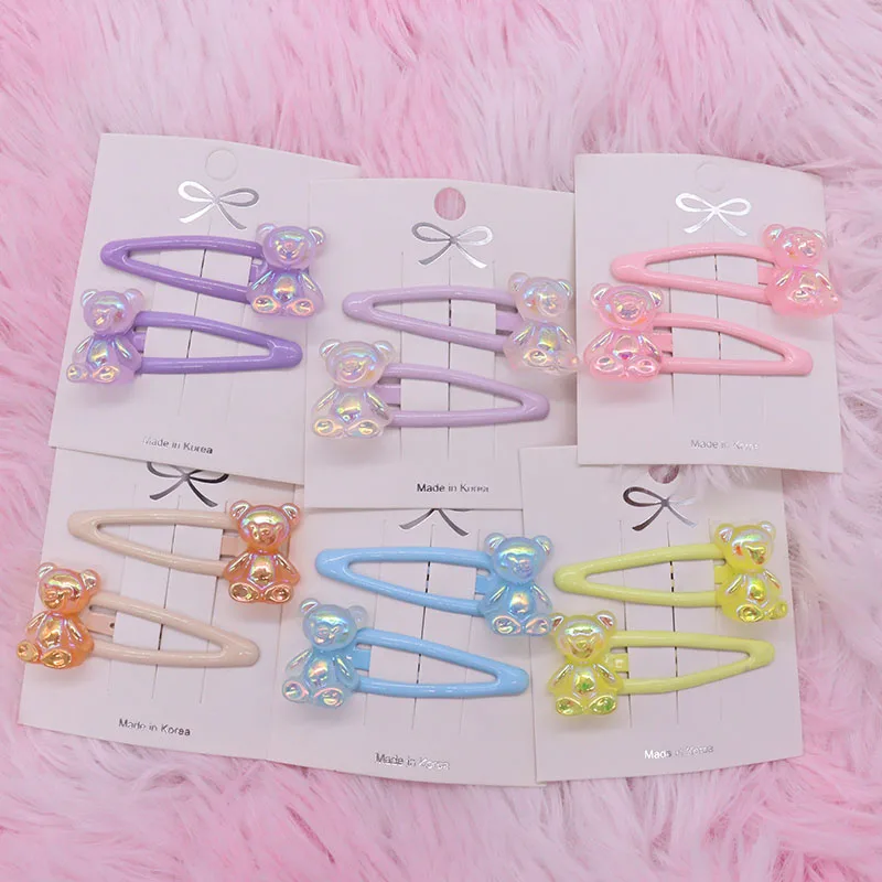 2Pcs Bear Reflective Transparent Resin Hairpins Children Sweet Hair Clip Barrettes Headband Kids Hair Accessories Baby Headdress