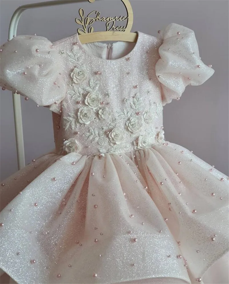 Blush Baby Girls Birthday Party Gown with Bow Floral Lace Pearls Flower Girl Dress Knee Length First Communion Dress 12M 24M