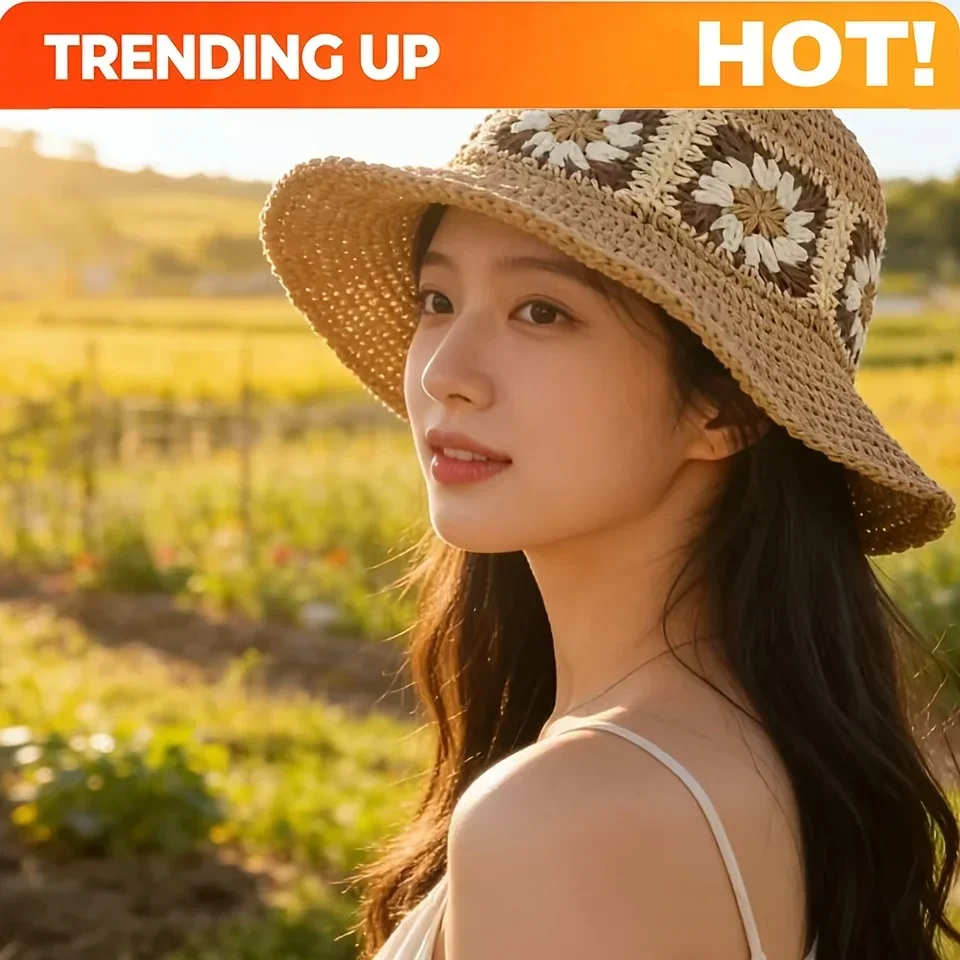 Customization 1pc Women's Summer Foldable Straw Fisherman Hat, Handwoven Natural Breathable Material With Floral Plaid Color Blo