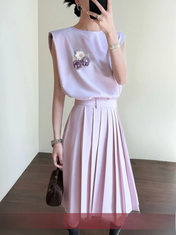 

Tasyavan Gentle Pink Suite Pad oulder Svel Vest Tank Top 3D Tailoring f Skirt Set Women's Faion Spring Wear