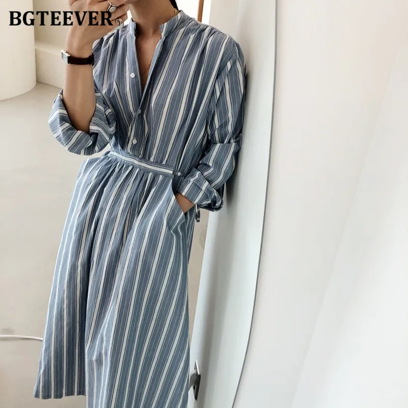 

BGTEEVER Stylish V-neck Drawstring Striped A-line Dress Women Casual Long Sleeve Pockets Single-breasted Female Midi Dress