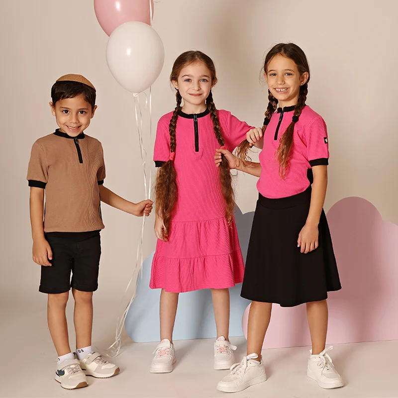 AA SS25 - Children Leather Pocket Ribbed Collection in 2 Colors with Dress Baby Romper Tee Shirt for Girls and Boys Summer Suits