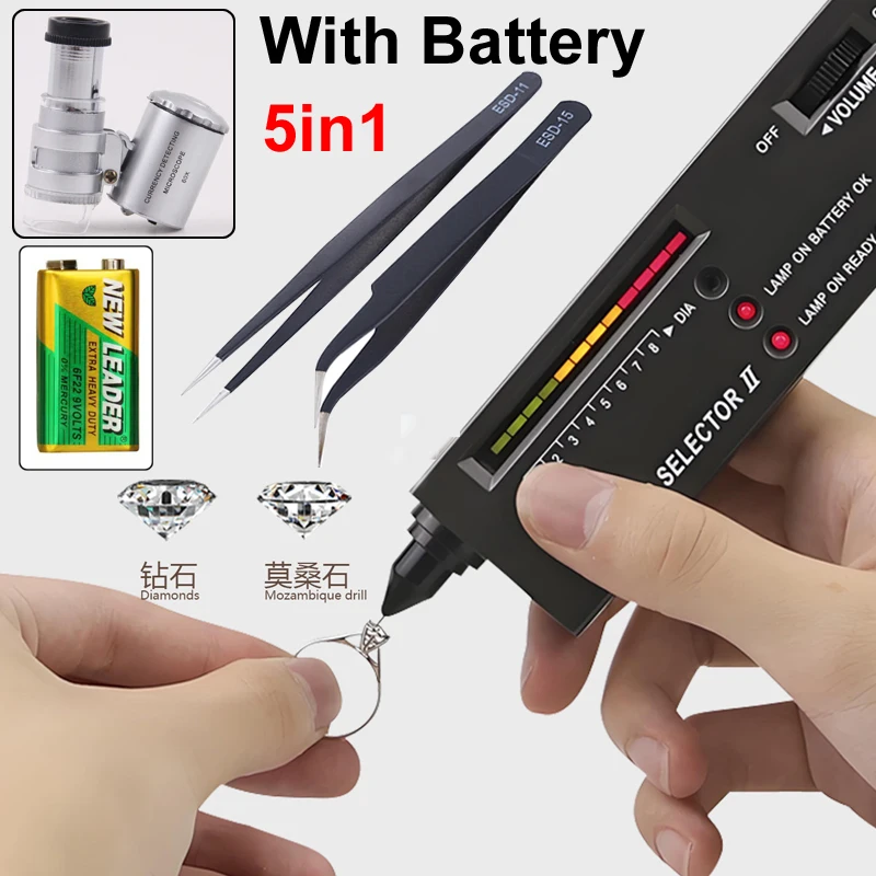 Diamond Tester High Accuracy Diamond Tester Pen Jewelry Professional Diamond Selector Kit+battery+60x magnifying glass+Tweezers