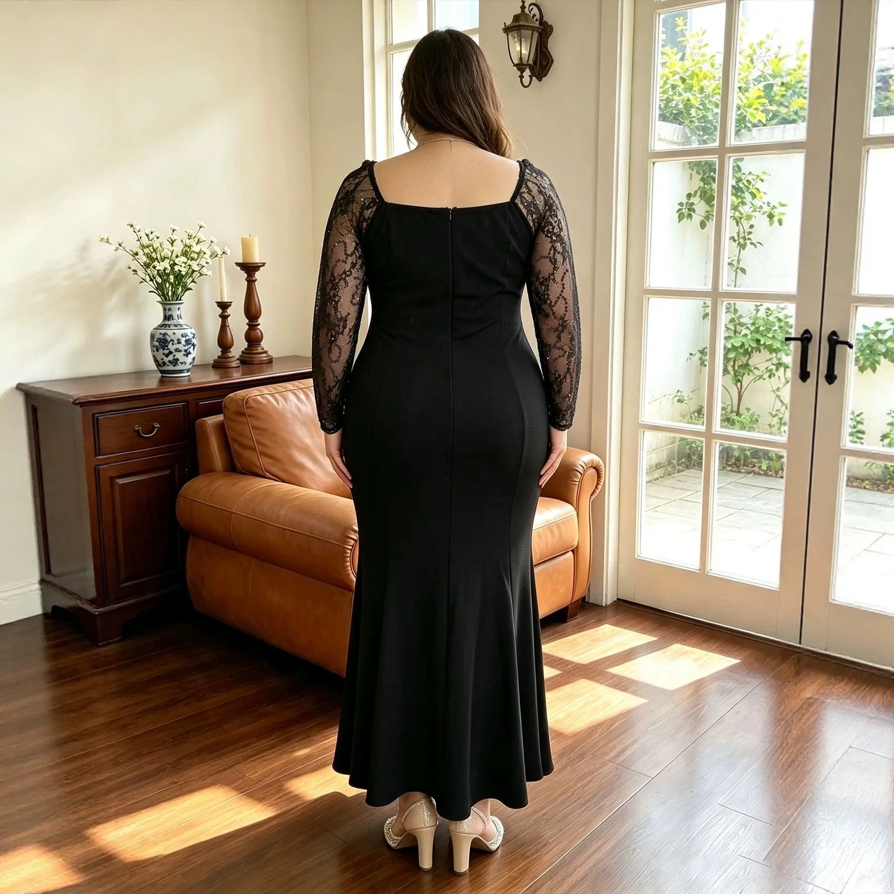 Long Sleeve Square Neck Gown Mermaid Graceful and Elegant with Spliced Design Back Zipper Maxi Length Party Dress for Women