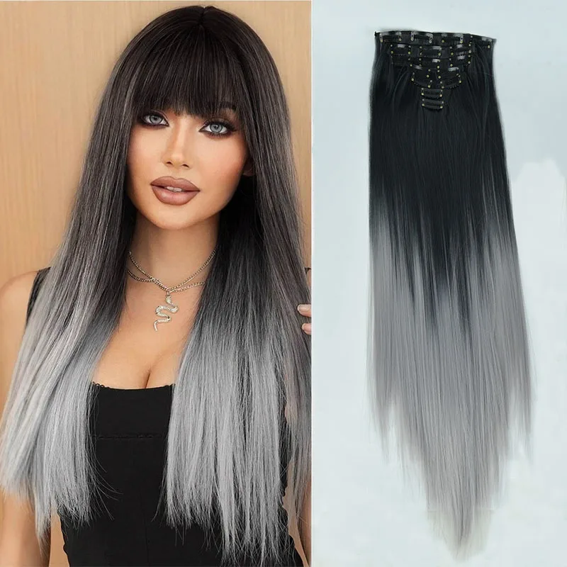 23.62inch Gray Gradient, Blue-Purple Gradient Clip-In Hair Extensions, High-Temperature Resistant Straight Synthetic Hair, Suitable for Daily Use, Parties, Cosplay Styling, Photography, and Other Occasions. The Best Choice as a Gift.