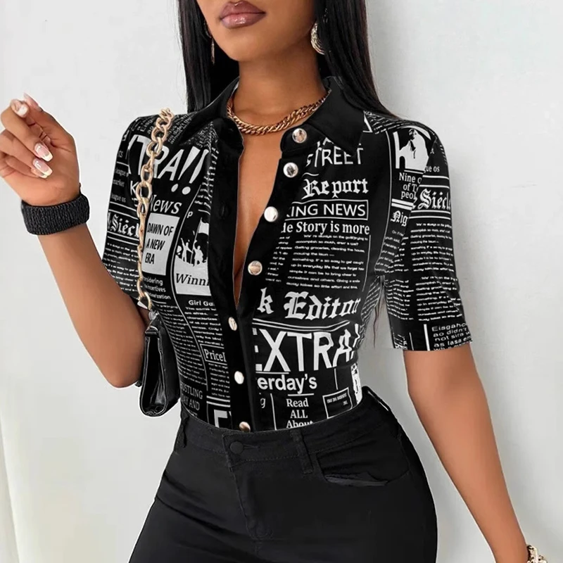 夏のファッションボタンスリムフィットシャツ女性エレガントな半袖シングルブレストレタープリントブラウス女性のためのトップス