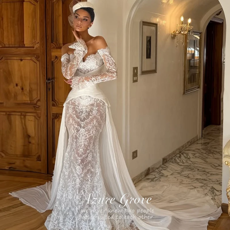 boho mermaid wedding dress Bell Sleeves Bohemian Lace Destination Gown Do Not Dry Clean Trumpet/Mermaid Off-the-Shoulder Court Train Stretch