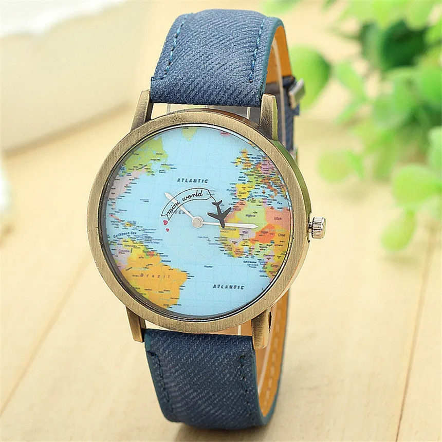 Reloj Mujer Cool Mini World Fashion Quartz Watch Men Unisex Map Airplane Travel Around The World Men Leather Dress Wrist Watch