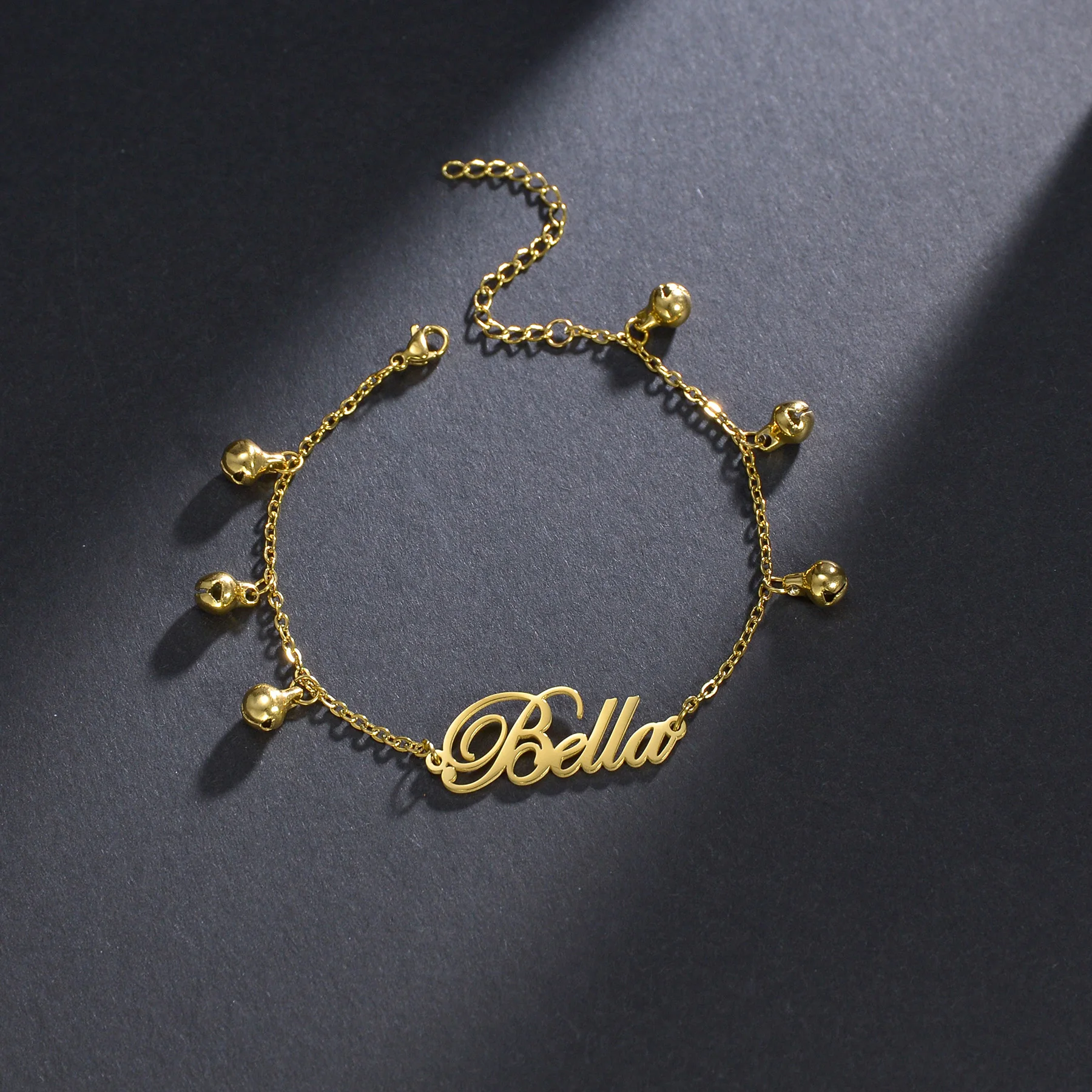 Atoztide Customized Name Beads Bracelet Personalized Thick Bell Chain for Women Stainless Steel Gold Color Bangle Chrismas Gift 