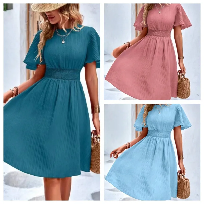 

2025TEMUEuropean and American New Women's Clothes Summer Solid Color DeepVCollar Elegant Ruffled Waist Dress