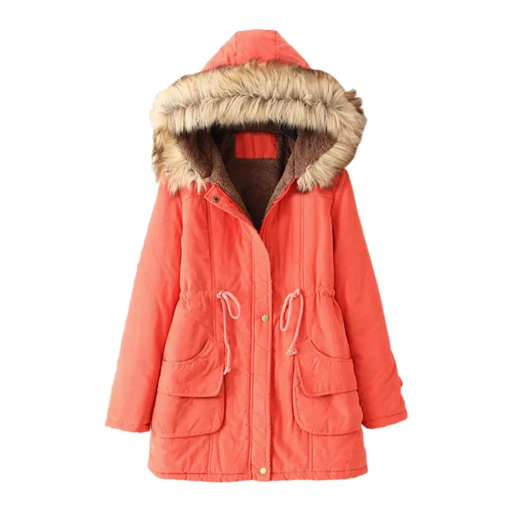 Winter Women Cotton Jacket Coat Drawstring Faux Fur Hood Fleece Zip-up Button Jacket Windproof Mid Length Outerwear