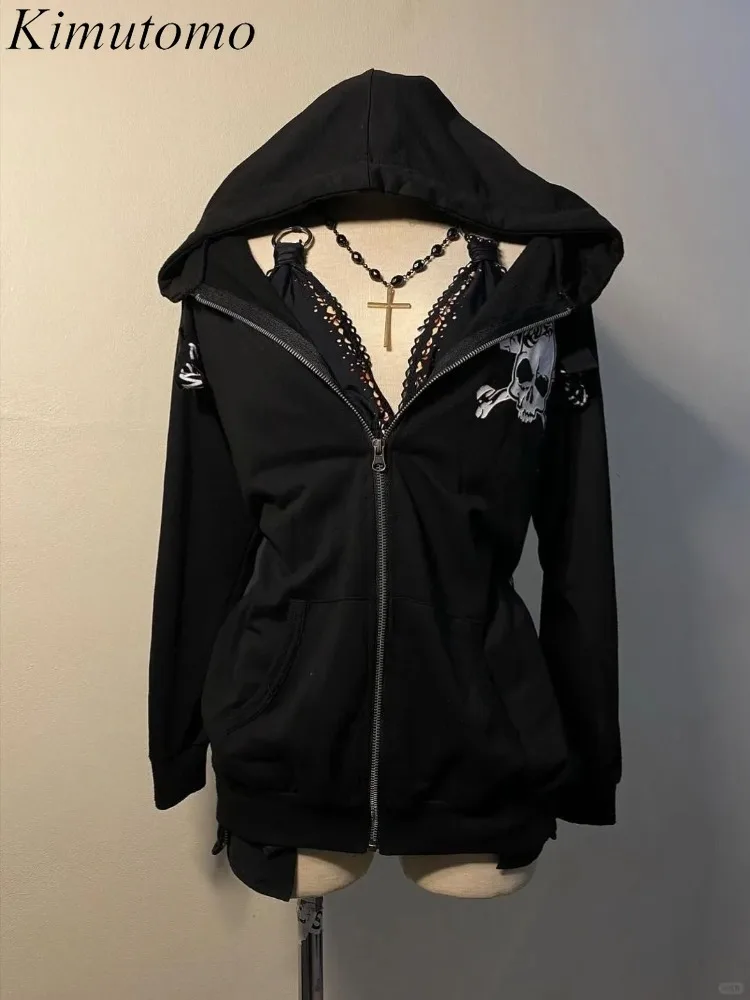 Kimutomo Hoodies Women Y2k Harajuku Skulls Printed Vintage Loose Zipper Outwear Jackets Grunge Gothic Female Casual Sweatshirt