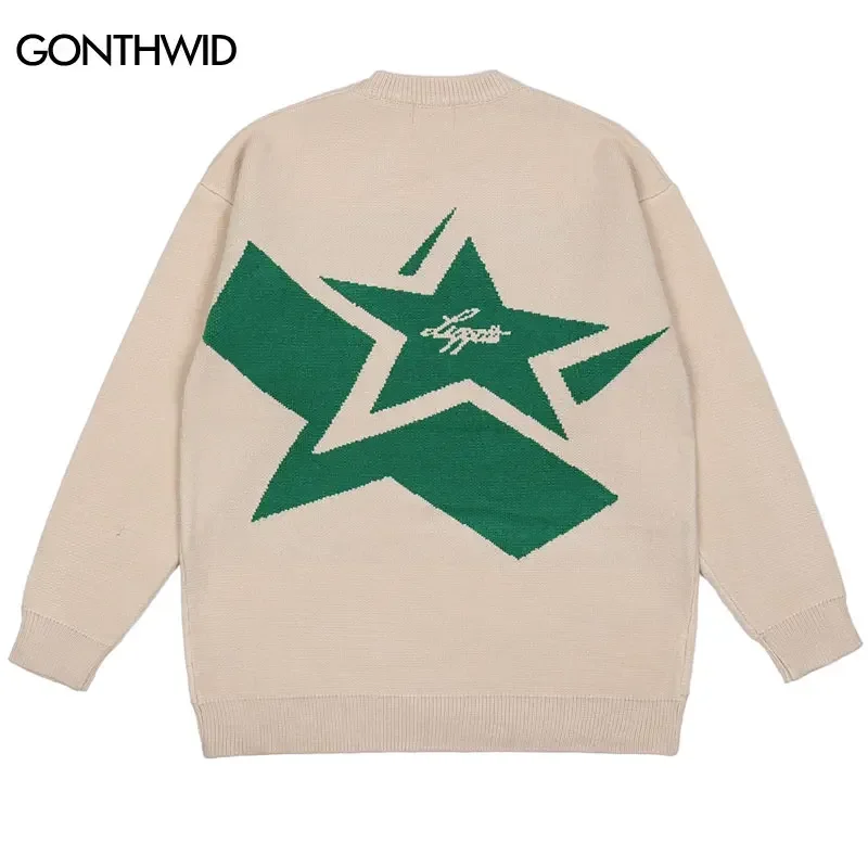 Men Knitted Sweater Y2K Vintage Harajuku Star Letter Jumper Sweaters Streetwear 2024 Autumn Hip Hop Fashion Retro Loose Pullover