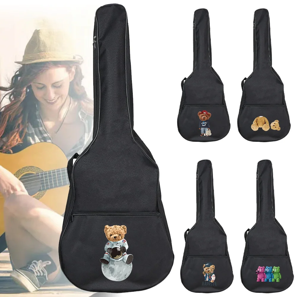 Portable Guitar Bag 38-41 Inch Classical Acoustic Guitar Carry Bags Shoulder Strap Bear Print Series Black Backpack Guitar Parts