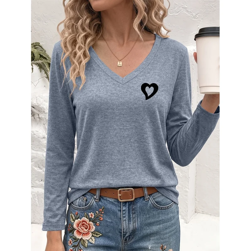 Easy Hand Drawn Heart Pattern Printed V Neck Long Sleeve T Shirt Autumn Winter New Style Base Layer Top Loose Soft Casual Comfor