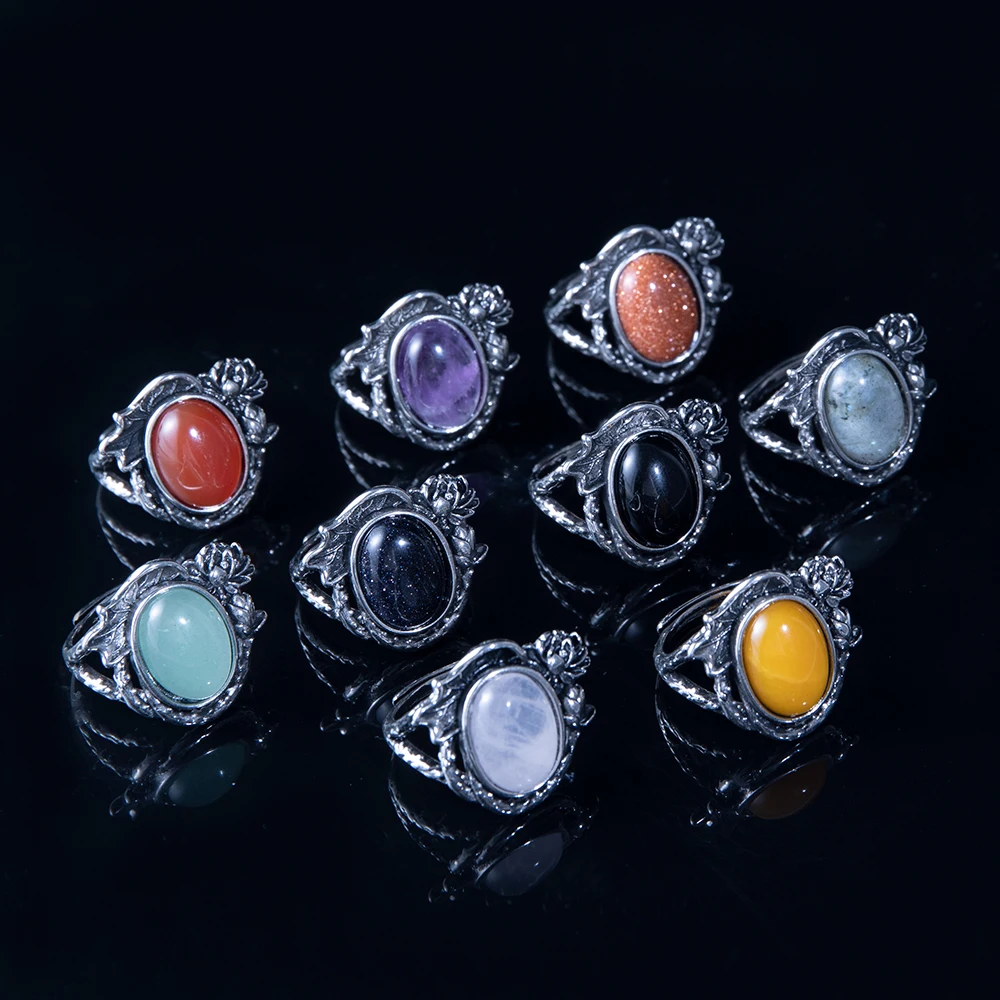 

natural stone amethyst red agate Ring Women's adjustable retro style copper silver plated ring Party Jewelry Round Lucky Stone