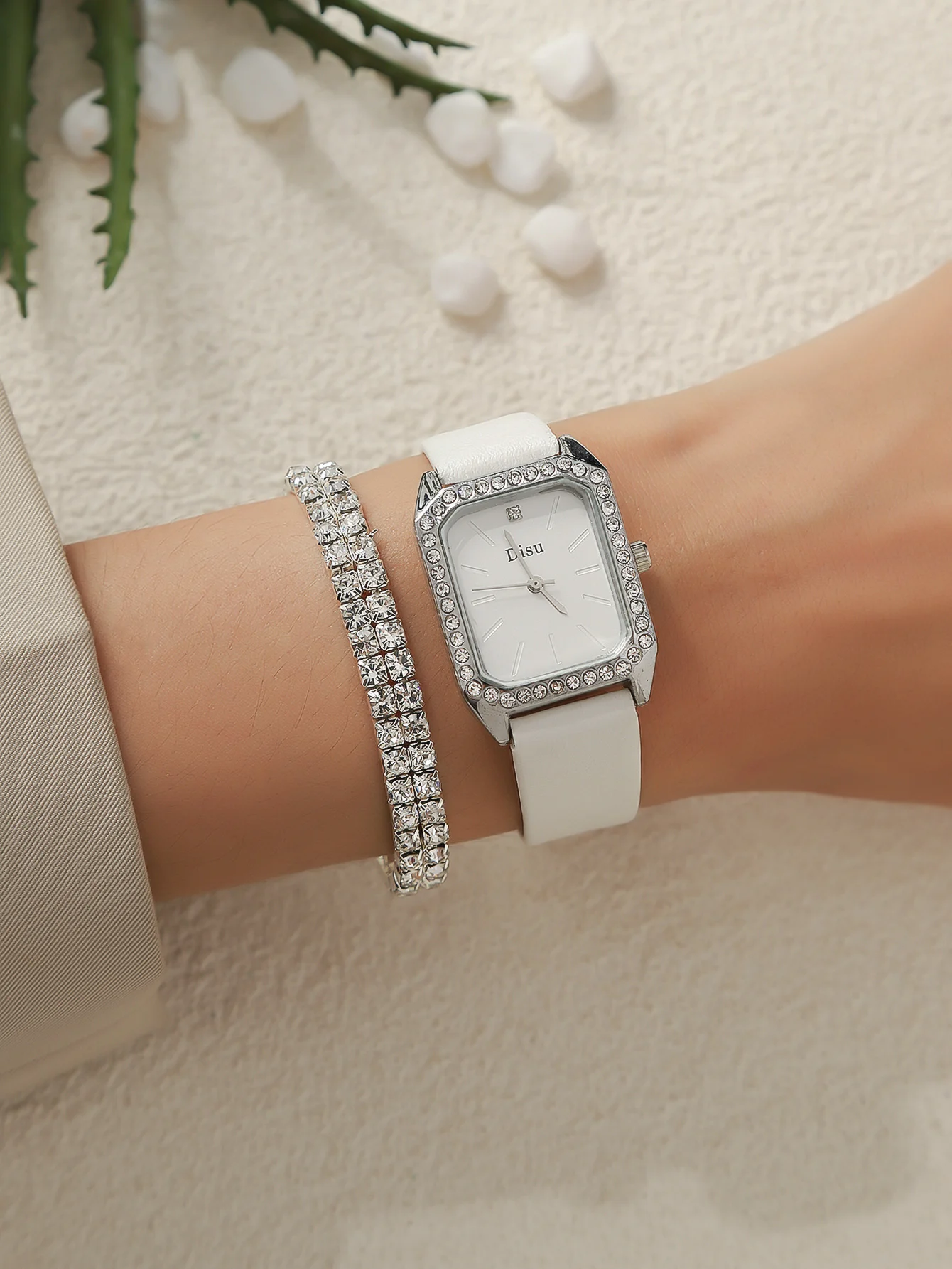 A White Woman Business Temperament Small Square Quartz Watch With Rhinestone. And A Two-Row Diamond Bracelet Set.