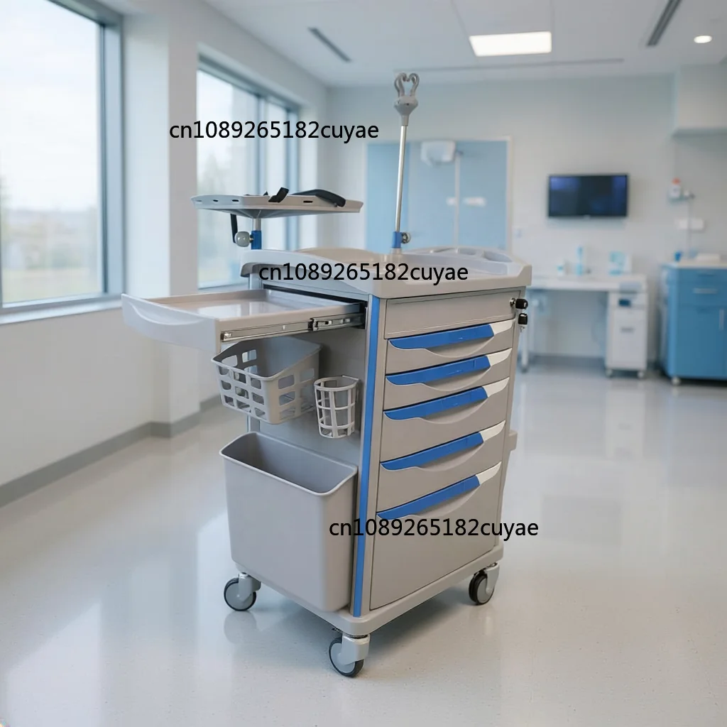 Luxury ABS Medical Emergency Trolley Crash Cart Medicine Trolley with 5 Drawers Central Lock IV Pole for Hospital Clinic