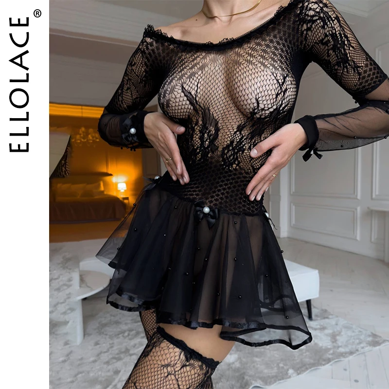 Ellolace Sexy Lingeries Set Long Sleeve Lace Puff Mini Dress Thong Leg Cuffs Seductive See Through Spliced Sensual Roleplay Kit
