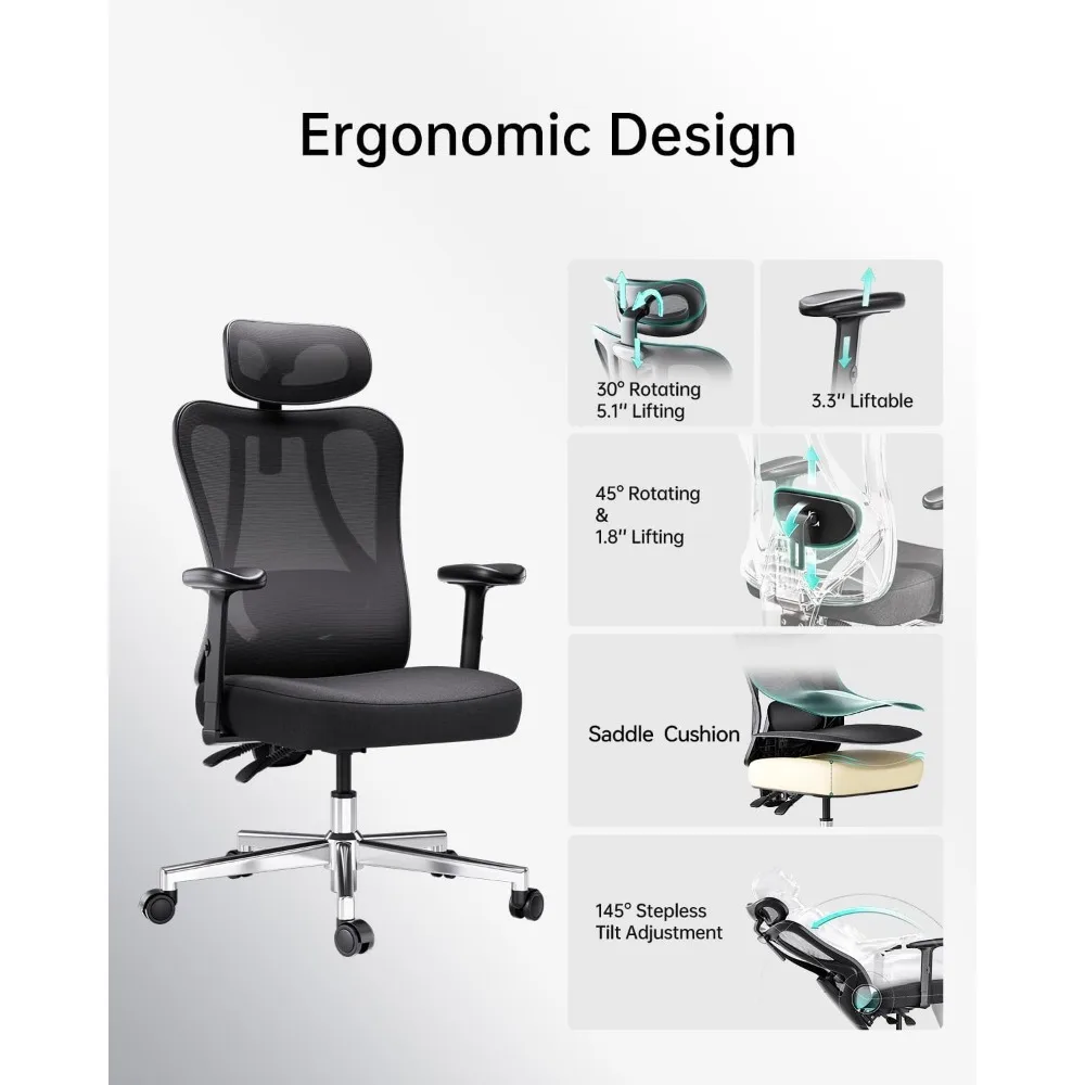 Silla de oficina ergonómica P3 con soporte lumbar ajustable 2D, silla de oficina con reposacabezas y reposabrazos ajustables