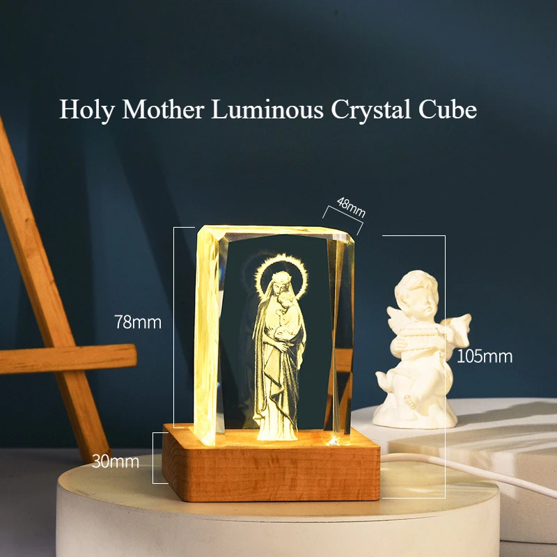 Buddha Statue Cube Crystal Ornament with Wooden Base and Festival Prayer of Our Lady Jesus Crystal Ornament Angel Cross view 2