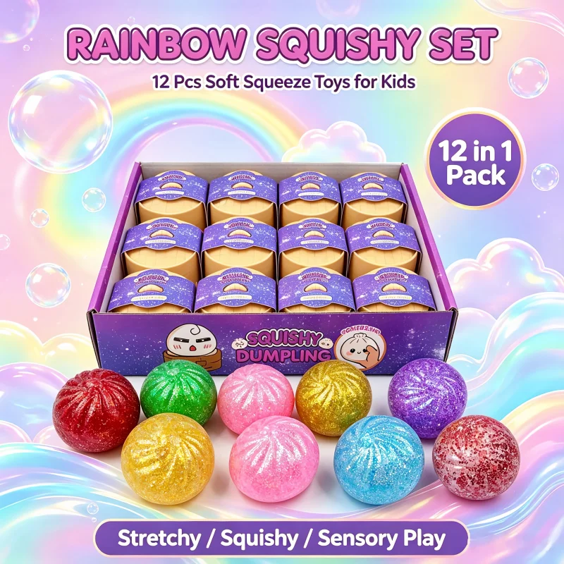 Colorful Glitter Squishy Dumpling Toys 12 Pieces Stretchy Texture Squeeze Balls Sensory Play Fidget Toy Stress Relief Cute Gift
