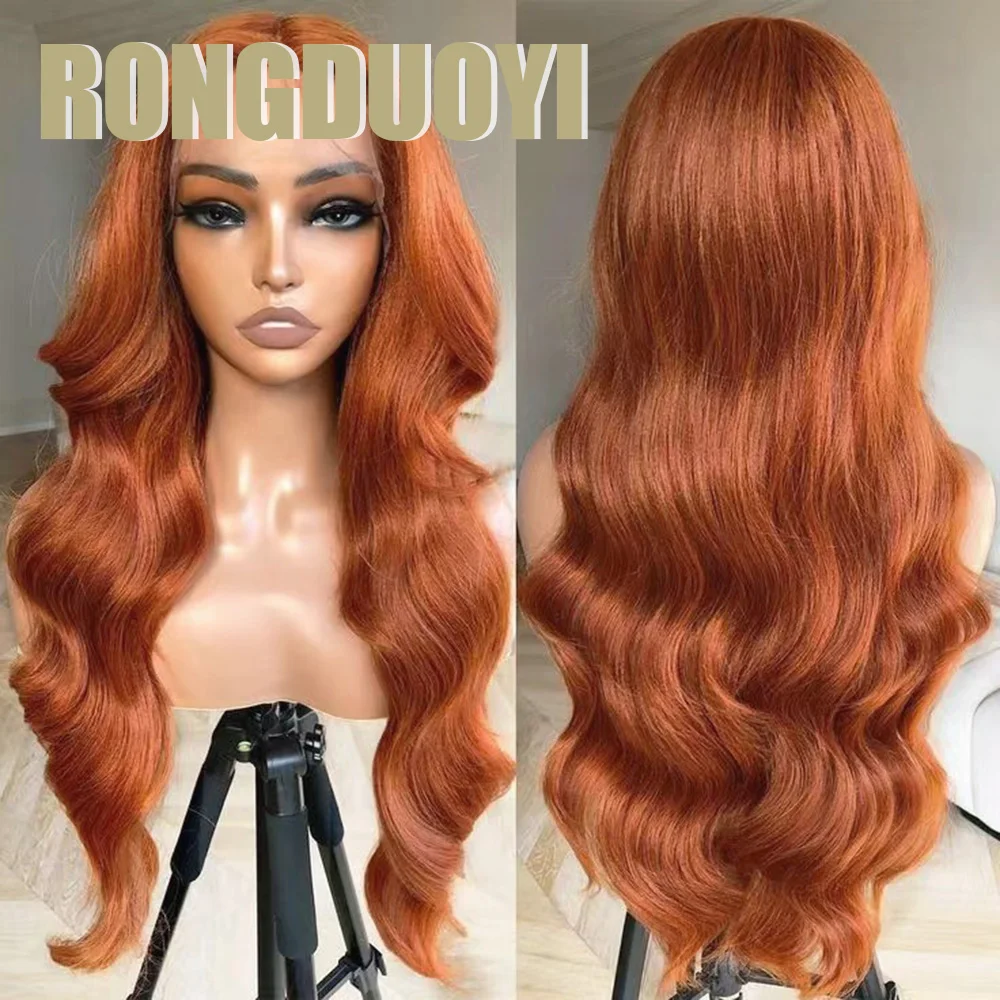 RONGDUOYI Ginger Orange Body Wave Heat Fiber Wig Middle Part Loose Wavy Synthetic Lace Front Wigs Cospley Makeup Use Ginger Hair